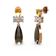 Şana Damla Küpe - Dumanlı kuvars, sitrin ve swarovski 14 ayar rose altın küpe #5e11ad