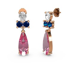 Pembe kuvars, beyaz zirkon ve lab safir 18 ayar rose altın küpe