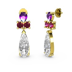 Şana Damla Küpe - Beyaz zirkon, ametist ve rodolit garnet 18 ayar altın küpe #5e8mnx