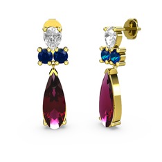 Şana Damla Küpe - Rodolit garnet, swarovski ve lab safir 8 ayar altın küpe #5ijews