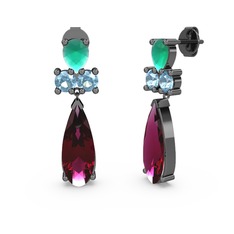 Şana Damla Küpe - Rodolit garnet, kök zümrüt ve akuamarin 925 ayar siyah rodyum kaplama gümüş küpe #5qgcsj