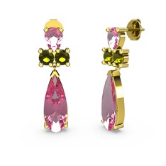 Pembe kuvars ve peridot 18 ayar altın küpe