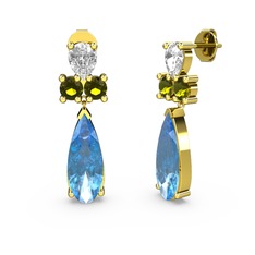 Akuamarin, swarovski ve peridot 18 ayar altın küpe