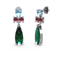 Şana Damla Küpe - Yeşil kuvars, akuamarin ve kök yakut 18 ayar beyaz altın küpe #71kq2u