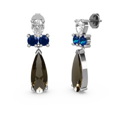 Dumanlı kuvars, swarovski ve lab safir 14 ayar beyaz altın küpe