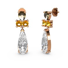 Şana Damla Küpe - Beyaz zirkon, dumanlı kuvars ve sitrin 14 ayar rose altın küpe #79uxkx