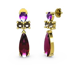 Şana Damla Küpe - Rodolit garnet, ametist ve dumanlı kuvars 8 ayar altın küpe #7br25f