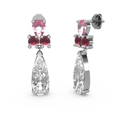 Swarovski, pembe kuvars ve kök yakut 18 ayar beyaz altın küpe