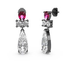 Swarovski, rodolit garnet ve beyaz zirkon 925 ayar siyah rodyum kaplama gümüş küpe