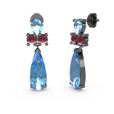 Şana Damla Küpe - Akuamarin ve kök yakut 925 ayar siyah rodyum kaplama gümüş küpe #7mt362