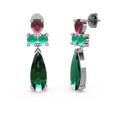 Yeşil kuvars, kök yakut ve kök zümrüt 14 ayar beyaz altın küpe