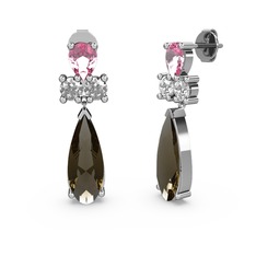 Şana Damla Küpe - Dumanlı kuvars, pembe kuvars ve swarovski 18 ayar beyaz altın küpe #887c6f