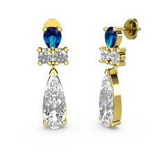 Swarovski, lab safir ve beyaz zirkon 14 ayar altın küpe