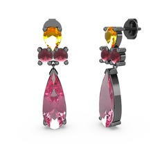 Şana Damla Küpe - Pembe kuvars, sitrin ve kök yakut 925 ayar siyah rodyum kaplama gümüş küpe #979l55