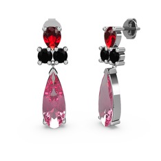 Pembe kuvars, garnet ve siyah zirkon 14 ayar beyaz altın küpe
