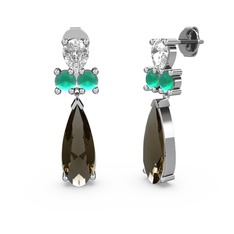 Dumanlı kuvars, swarovski ve kök zümrüt 8 ayar beyaz altın küpe