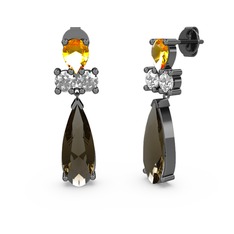 Şana Damla Küpe - Dumanlı kuvars, sitrin ve beyaz zirkon 925 ayar siyah rodyum kaplama gümüş küpe #9l8m6c