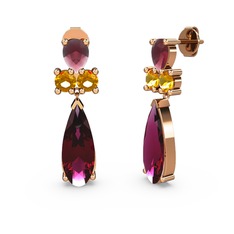 Rodolit garnet, kök yakut ve sitrin 14 ayar rose altın küpe