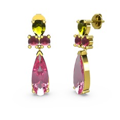 Şana Damla Küpe - Pembe kuvars, peridot ve kök yakut 14 ayar altın küpe #b2d0bh