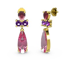 Pembe kuvars, kök yakut ve ametist 8 ayar altın küpe