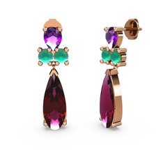 Rodolit garnet, ametist ve kök zümrüt 8 ayar rose altın küpe