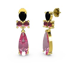 Şana Damla Küpe - Pembe kuvars, siyah zirkon ve kök yakut 18 ayar altın küpe #bjzsnp