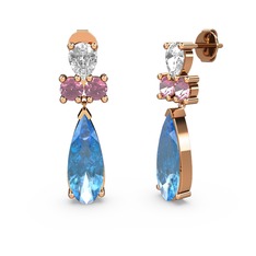 Akuamarin, swarovski ve pembe kuvars 925 ayar rose altın kaplama gümüş küpe