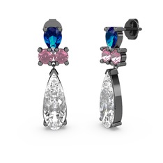 Şana Damla Küpe - Beyaz zirkon, lab safir ve pembe kuvars 925 ayar siyah rodyum kaplama gümüş küpe #btjgbc