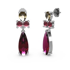 Şana Damla Küpe - Rodolit garnet, dumanlı kuvars ve kök yakut 14 ayar beyaz altın küpe #bvrvd2