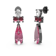 Şana Damla Küpe - Pembe kuvars, beyaz zirkon ve kök yakut 925 ayar siyah rodyum kaplama gümüş küpe #ccqhep