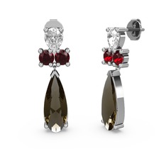 Dumanlı kuvars, swarovski ve garnet 18 ayar beyaz altın küpe