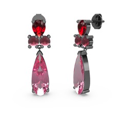 Şana Damla Küpe - Pembe kuvars, garnet ve kök yakut 925 ayar siyah rodyum kaplama gümüş küpe #cux11i