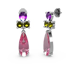 Pembe kuvars, ametist ve peridot 925 ayar gümüş küpe