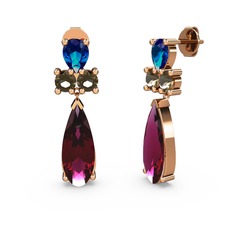 Rodolit garnet, lab safir ve dumanlı kuvars 18 ayar rose altın küpe