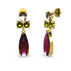 Rodolit garnet, dumanlı kuvars ve peridot 18 ayar altın küpe