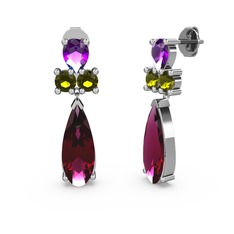 Rodolit garnet, ametist ve peridot 8 ayar beyaz altın küpe