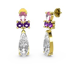 Swarovski, pembe kuvars ve ametist 18 ayar altın küpe