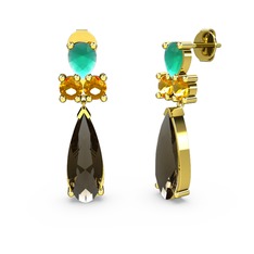 Şana Damla Küpe - Dumanlı kuvars, kök zümrüt ve sitrin 18 ayar altın küpe #es4ip