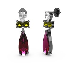 Rodolit garnet, beyaz zirkon ve peridot 925 ayar siyah rodyum kaplama gümüş küpe
