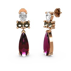 Rodolit garnet, beyaz zirkon ve dumanlı kuvars 18 ayar rose altın küpe
