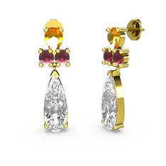 Şana Damla Küpe - Beyaz zirkon, sitrin ve kök yakut 14 ayar altın küpe #fp5ye6