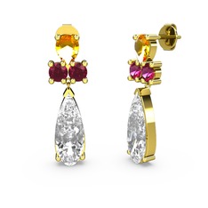 Swarovski, sitrin ve rodolit garnet 8 ayar altın küpe