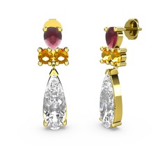 Swarovski, kök yakut ve sitrin 18 ayar altın küpe