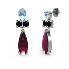 Rodolit garnet, akuamarin ve siyah zirkon 14 ayar beyaz altın küpe