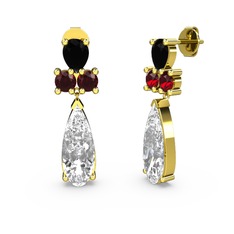 Beyaz zirkon, siyah zirkon ve garnet 14 ayar altın küpe