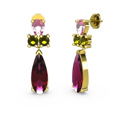 Rodolit garnet, pembe kuvars ve peridot 14 ayar altın küpe
