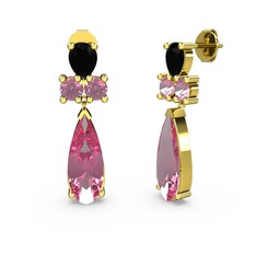 Şana Damla Küpe - Pembe kuvars ve siyah zirkon 18 ayar altın küpe #h7mkxp