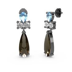 Şana Damla Küpe - Dumanlı kuvars, akuamarin ve beyaz zirkon 925 ayar siyah rodyum kaplama gümüş küpe #i76s0w