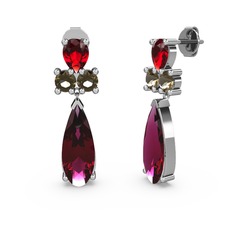 Rodolit garnet, garnet ve dumanlı kuvars 18 ayar beyaz altın küpe
