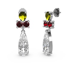 Şana Damla Küpe - Beyaz zirkon, peridot ve garnet 14 ayar beyaz altın küpe #iu6m7z